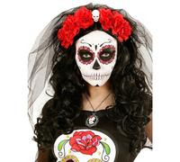 WIDMANN 04133 - Headband with 6 Roses and Veil, Adult Woman, Dia De Los Muertos, Flamenco, Spanish, Carnival, Theme Parties, One Size, Color Rose Red