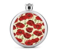 Red Flower Hip Flasks for Liquor 5oz Stainless Steel Leakproof Thin Flasks Round Small Portable Travel Liquor Flask Modern Whiskey & Liquor Pocket Flask for Men&Women