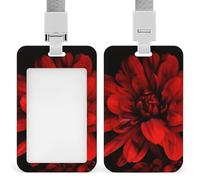 Red Flower on Black ID Badge Holder with Lanyard, Breakaway Lanyard Vertical ID Card Protector Case Multi-Use Badge Holder for Office, Teacher, Nurse