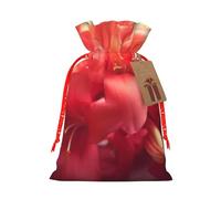 Red Flower Petals Printed Christmas Drawstring Bags Reusable Xmas Bag for Party Xmas Gift Wrapping, Red Ribbon, S