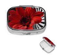 Red Flower Pill Box with Mirror 2 Compartment Decorative Pill Case for Purse or Pocket Small Square Pill Organizer Weekly Metal Medicine Tablet Vitamin Holder Travel Gift