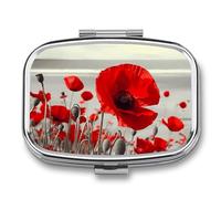 Red Flower pilldispenser with Mirror 2 Compartments Waterproof PillCase for Purse Pocket Non-Slip Grip Travel Medicine Organizer Container Box for Vitamin Fish Oil Supplement