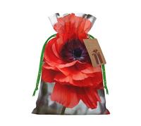 Red Flower Printed Christmas Drawstring Bags,M | Reusable Xmas Gift Storage Bags, Green Christmas Ribbon