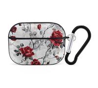 Red Flower Rose Design Airpod Pro Case Cover Wireless Earbuds Case Protective Cover with Keychain Compatible with AirPods 1st & 2nd Generation Full Protective, Front LED Visible Black