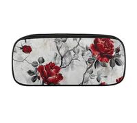 Red Flower Rose Design Pencil Case Waterproof Leather Pencil Pouch Multi-purpose Aesthetic Makeup Bag Cute Pen Bag Large Cosmetic Bag for Office Stationery, Travel