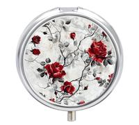Red Flower Rose Design Round Pill Box 3 Compartment Medicine Pill Organizer with Mirror Travel Small Pill Case Cute Vitamin Organizer Portable Daily Pill Container for Pocket Purse