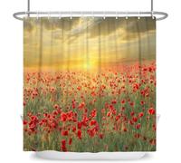 Red Flower Shower Curtain Field Rural Style Shower Curtains for Bathroom Mould Resistant Fabric 3D Bathtub Curtain Waterproof Polyester Washable 180x200 cm (71 x 79 Inch) with 12 Hooks c.2408