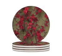 Red Flower Vine Drink Coasters with Holder for Coffee Table,Ceramic Coaster with Cork Base,Ceramic Stone Coaster for Iced Cold Or Hot Drinks,4.1 Inches