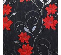 Red Flower Wallpaper Textured Vinyl Floral Silver Black Grey 10m Roll | With glitter detail, ideal for a contemporary feature wall in a bedroom, dining room or living room, 64cm straight match