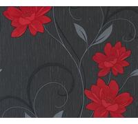 Red Flower Wallpaper Textured Vinyl Floral Silver Black Grey 10m Roll | With glitter detail, ideal for a contemporary feature wall in a bedroom, dining room or living room, 64cm straight match