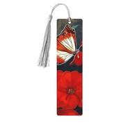 Red Flowers and Butterflies Wood Bookmark for Men Women Reading Wooden Bookmarks Unique Handmade Book Marks with Tassel Pendant Craft Bookmark for Book Lovers Birthday Teachers Gift