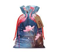 Red Flowers And Flamingos Drawstring Gift Bags Reusable Gift Wrapping Pouches For Birthday, Wedding, Party Favours & Festive Presents