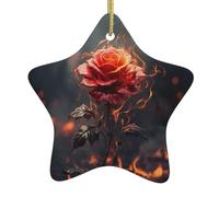 Red Flowers Burning Christmas Ceramic Star Ornament with Hanging Ribbon, Holiday Hanging Decoration for Tree & Home