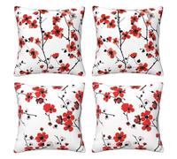 Red Flowers Cushion Covers 35 x 35 cm Pack of 4 Velvet Cushion Cover Soft Small Sofa Cushions 14 x 14 Inch Square White Throw Pillow Cases for Couch Sofa Livingroom Bedroom Farmhouse Decor -LI541