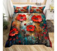 Red Flowers Duvet Cover,Kids Oil Painting Bedding Set,Dragonfly Comforter Cover for Boys Girls Room Decor,Abstract Marble Art Bedspread Cover Single Size with 1 Pillow Case(No Comforter)
