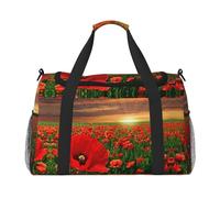 Red Flowers Field Full Print Travel Duffle Bag with Adjustable Shoulder Strap,Large Capacity Twill Polyester Crossbody Bag for Gym,Weekend Trips Outdoor Activities