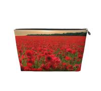 Red Flowers Field Printed Toiletry Bag for Women Girl Portable Travel Cosmetic Bag Leather Makeup Pouch Organizer with Silver Zipper