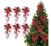 Red Flowers for Christmas Tree, Glitter Red Poinsettia Christmas Tree Decorations, Artificial Poinsettia Flowers Glitter Xmas Ornaments for Xmas Garland Wreath Decorations New Year Ornaments