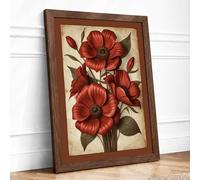Red Flowers in Bloom Botanical Framed Wall Art Print A4 (29.7×21cm) Walnut, Wall Decor for Living Room, Bedroom, Office & Home, Ready to Hang, Art Gift