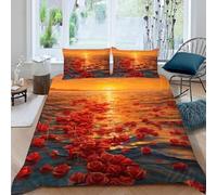 Red Flowers King Size Duvet Cover Sets River Landscapes Bedding Set 3D Print Quilt Cover 230x220 cm Soft Microfiber Bed Sets with Zipper Closure and 2 Pillowcases y-1691