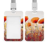 Red Flowers Sliding Id Badge Holder Heavy Duty Waterproof Badge Clip Plastic Key Card Work Holder Case Vertical Sleeve Pocket for Teacher Student