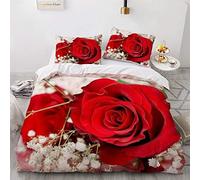 Red Flowers Super King Duvet Cover Set 3D Printed Romantic Theme Bedding Set Ultra Soft Microfiber Quilt Cover 220x260 cm with 2 Pillowcases with Zipper for Boys Girls Teens a.2159