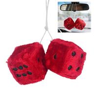 Red Fluffy Dice for Car, 3 Inch Fuzzy Plush Rear View Mirror Hanging Decor - Washable Retro Car Interior Decoration & Ornament to Personalise Your Ride. First Car Gift for Women & New Drivers.