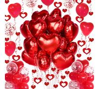 Red Foil Heart Balloons Set, 30Pcs Red Heart Shaped and Confetti Balloons, 50Pcs Hanging Streamer, for Valentines Decorations, Proposal, Wedding Party
