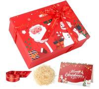 Red Foldable Christmas Gift Box with Lid, 29x22x10cm Large Xmas Eve Box | Luxury Sturdy Reusable Gift Box for Presents with Ribbon, Card, Raffia for Xmas Holiday Gifts Packaging