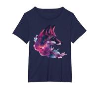 Red Fox Galaxy Milky Way Space Cosmic Silhouette Art T-Shirt, Women's Plus, Navy Blue, 2X