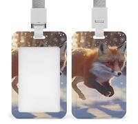 Red Fox in Snowy Day Trendy Badge Holder for Men Women Vertical Sliding Card Name Tag Holders with Lanyard