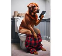 Red Fox Labrador Sitting on Toilet with Mobile Phone Print - Red Lab with Cell Phone - Funny Dog Animal Picture Bathroom Wall Art Sign - Tartan Pyjamas - Quirky Toilet Humour Artwork