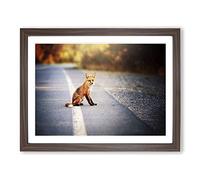 Red Fox on the Road Modern Framed Print | A2 Walnut Framed Wall Art | Ready to Hang | Modern Animal Picture | Living Room Bedroom Lounge Office