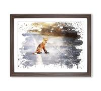 Red Fox on the Road V3 Modern Framed Print | A2 Walnut Framed Wall Art | Ready to Hang | Modern Animal Picture | Living Room Bedroom Lounge Office
