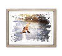 Red Fox on the Road V3 Modern Framed Print | A4 Oak Framed Wall Art | Ready to Hang | Modern Animal Picture | Living Room Bedroom Lounge Office