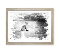 Red Fox on the Road V4 Modern Framed Print | A2 Oak Framed Wall Art | Ready to Hang | Modern Animal Picture | Living Room Bedroom Lounge Office
