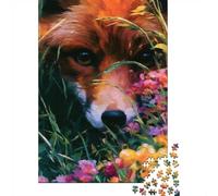 Red Fox Peeking Through Flowers 1000-Piece Puzzle for Adults, 52x38cm/1000pcs; White Cardboard for Simple Sorting; for An Enjoyable Break at The Table