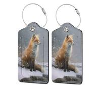 Red Fox Sits by The River Luggage Tag for Suitcase 2 Pack Leather Luggage Tag with Privacy Flap Name Id Label and Metal Loop for Women Men Travel