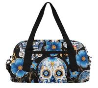 Red Foxes Mushrooms Kids Duffle Bag Boys Girls Small Sport Dance Gym Bag for Overnight Travel Weekender Carry On, Sugar Skull Blue Flower, 18.5"L x 9.4"W x 7.8"H
