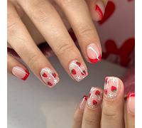 Red French Press on Nails Cute Strawberry Floral False Nails