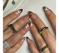 Red French Tip False Nails - 24pcs Medium Almond False Nails - Five-Pointed Star Design Press on Nails - 12 Sizes Stiletto Fake Nails with Glue - Full Cover Artificial Stick on Nails for Women Girls