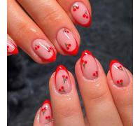 Red French Tip Press on Nails Almond Short Cute Nude Pink Full Cover Glue with Cherry Glossy Artificial Stick on Nails Reusable Acrylic False Nail for Women Girls 24Pcs