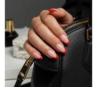 Red French Tip Press On Nails Elegant Almond Short False Nails - DIY Handmade Stick On With Strong Glue For Women Wedding Party Daily Wear Manicure Art Acrylic Square Tips Soft Touch Gradient Cat Eye