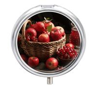 Red Fruit in A Basket Pill Box Round Portable Small Pill Case Waterproof Travel Pill Box Organizer for Pocket Purse and Daily Convenience