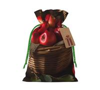 Red Fruit in a Basket Printed Christmas Drawstring Bags,S | Reusable Xmas Gift Storage Bags, Green Christmas Ribbon