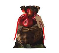 Red Fruit in a Basket Printed Christmas Drawstring Bags,S | Reusable Xmas Gift Storage Bags, Red Ribbon