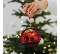 Red Full Moon Elephants Ceramic Christmas Ornaments - 2.8 Inch Rustic Round Xma Tree Decor with Hanging String, Personalized Vintage Double-Sided Holiday Party Decorations for Xmas Gifts