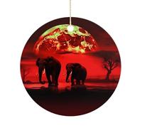 Red Full Moon Elephants Ceramic Christmas Ornaments 2.9 Inch - Double Sided Round Holiday Tree Hanging Decor for Home, Party, Hotel Decorations, Gift for Teacher, Neighbor, Friend