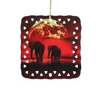 Red Full Moon Elephants Ceramic Christmas Ornaments 3 Inch Double Sided Square Pendant Holiday Tree Hanging Decor for Home, Party, Hotel Decorations, Gift for Teacher, Neighbor, Friend