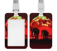 Red Full Moon Elephants Id Badge Holder with Breakaway Lanyard Abs Plastic Name Tag Holder Vertical Clear Front Window Push Slide Card Protector Gift for NurseTeacher Office Staff & Events